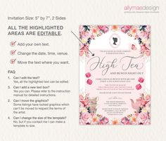 a pink floral wedding card with the words, all the highlights are editable and text