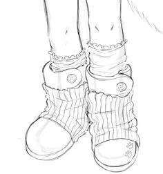 the legs and feet of a person wearing boots with chains on them, drawn in pencil