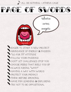 the page of swords has an image of a woman's mouth and tongue with words above it