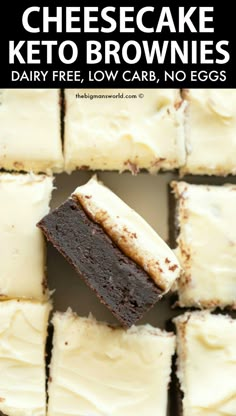 cream cheese keto brownies are cut into squares and stacked on top of each other