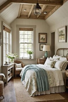 a bed room with a neatly made bed next to a window and a lamp hanging from the ceiling