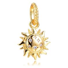 Gold Sun Celestial Sterling Silver Dangle Pendant Bead Charm - Bolenvi Pandora Disney Chamilia Jewelry Elegant Gold Star Charm, Celestial Gold Sunburst Jewelry, Gold Celestial Sunburst Jewelry, Gold Dangle Moon Charm, Celestial Sun Design Dangle Jewelry, Sun Celestial, Celestial Design, Pandora Gold, Gold Sun