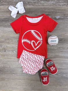 My Heart is on the Field Baseball Baby Top & Bummies Set - Sydney So Sweet Red Casual Playtime Sets, Red Letter Print Top For Playtime, Red Letter Print Tops For Playtime, Red Cotton Sports Set, Red Sporty Playtime Sets, Ohio Girls, Baseball Stitch, Baby Boutique Clothing, Baseball Baby