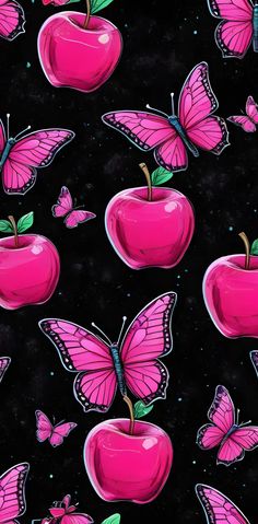 an image of pink butterflies and apples on a black background that is full of color