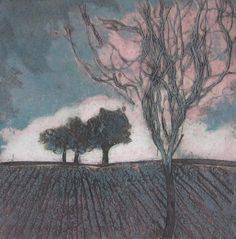 a drawing of two trees in the middle of a field with cloudy sky behind them