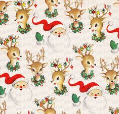 christmas fabric with santa claus and deers on it