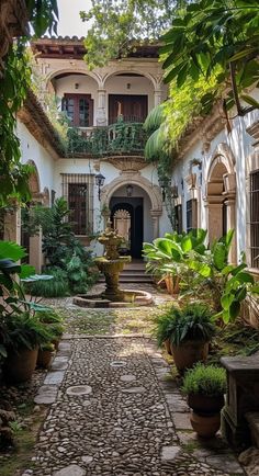 an outdoor courtyard with potted plants and stone walkway