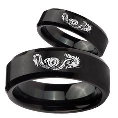 This is an 2 pieces tungsten carbide rings set in black color, Set with a logo Dragon Design engraved on it. It include a 5mm and 8mm band width women and mens ring.This tungsten ring is cobalt free to avoid allergies, high polish finish, comfort fit design, perfect for the one you love. Tungsten ring is non scratch only apply on original tungsten silver color, it DOES NOT apply for any color coated tungsten item, please good take care your jewelry avoided from crash or any chemical lotion or perfume apply on the surface, it will effect the coating on the ring. Tungsten tendency to break when drop on floor or hit with hard material. We can customize logo from your own design , email us and we can make for you. We provide laser inside text engraving service, add on engrave from the drop dow Logo Dragon, Mens Wedding Rings Tungsten, Blue Wedding Rings, Promise Rings For Guys, Mens Engagement, Black Tungsten, Tungsten Carbide Rings, Men's Wedding Ring, Tungsten Wedding Bands