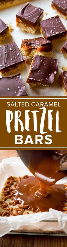 salted caramel pretzel bars with chocolate on top