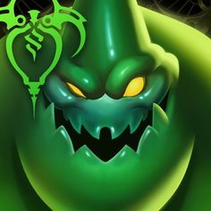 an animated image of a green monster with yellow eyes and large fangs on it's face