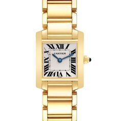 Cartier Tank Francaise Yellow Gold Quartz Ladies Watch W50002N2 Cartier Tank Francaise Yellow Gold Quartz Ladies Watch W50002N2 Click image to enlarge Description SwissWatchExpo 404-814-1814 Model number W50002N2 Stock number 64712 Year    Retail $21,500.00 Case number 1820 CC55xxxx Gender Ladies Movement Quartz movement. Caliber 057 Case Rectangular 18K yellow gold 20.0 x 25.0 mm case. Octagonal crown set with a blue sapphire cabochon. Crystal Scratch resistant sapphire crystal. Dial Silver dial with black radial Roman numeral hour markers and an inner minute track. Sword-shaped blue hands. Secret Cartier signature at X. Bracelet   18k yellow gold bracelet with a hidden butterfly clasp. Will fit up to a 5 3/4" wrist. Condition Excellent condition.  Engravings None Box & papers Cartier box Watches Cartier, Cartier Calibre, Cartier Tank Francaise, Sapphire Cabochon, Cartier Panthere, Rose Gold Quartz, Cartier Santos, Cartier Tank, Cartier Watch