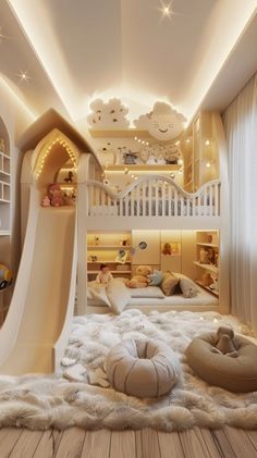 a child's bedroom with a slide in the middle