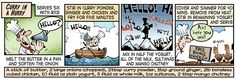 a comic strip with an image of a man in a boat on the water and another cartoon