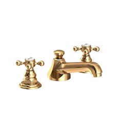 two golden faucets on a white background with no one in the photo to describe