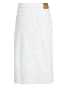 Find RALPH LAUREN Denim Midi-skirt on Editorialist. white cotton denim front button and zip fastening classic five pockets logo patch to the rear below-knee length raw-cut hem Ralph Lauren Spring Bottoms With Pockets, Chic White Denim Skirt For Work, Ralph Lauren White Fitted Bottoms, Fitted Cotton Denim Skirt With Five Pockets, White Fitted Denim Skirt With Pockets, Fitted White Denim Skirt With Pockets, Ralph Lauren Summer Straight Leg Bottoms, Ralph Lauren Straight Leg Bottoms For Summer, Ralph Lauren Denim