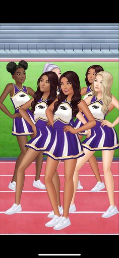 a group of women in cheerleader outfits standing on a tennis court with their arms around each other