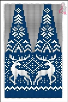 a cross stitch pattern with two deers in front of trees and snow on the ground