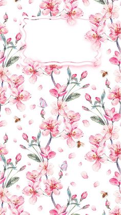 a watercolor painting of pink flowers on a white background with an empty space in the middle