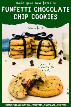 chocolate chip cookies with the words, make your new favorite funfetti chocolate chip cookies