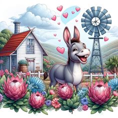 a donkey standing in front of flowers and a windmill with hearts on it's face