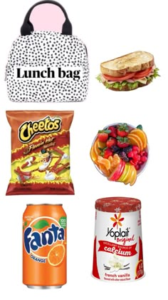 the lunch bag is filled with different foods