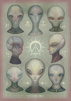 the alien heads are all different sizes and shapes, but there is no image to describe