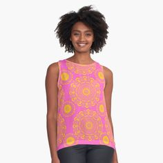 Get my art printed on awesome products. Support me at Redbubble #RBandME: https://www.redbubble.com/i/top/Yellow-Flora-Mandala-Pattern-by-Cultradesign/65086954.6AQD3?asc=u Pink Trees, Sleeveless Top Designs, Acrylic Designs, Winter Flowers, Purple Background, Fruit Pattern, Purple Backgrounds, Pink Crystal