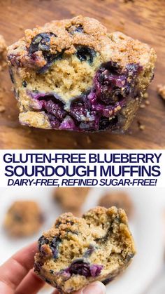 blueberry sourdough muffins are stacked on top of each other with the words gluten free blueberry sourdough muffins below