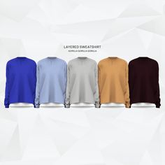 four different colored sweaters are lined up against a white background with the text layered sweatshirt