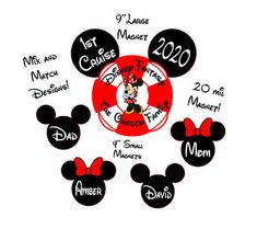 the mickey mouse family tree is shown in black and white with red lettering on it