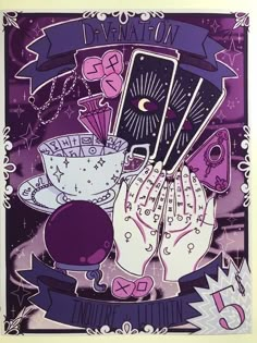 a purple poster with an image of two hands holding teacups and other items