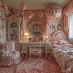 a bedroom decorated in pink and white with two beds, a chair, desk and mirror