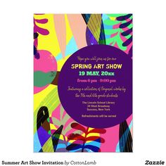 the spring art show flyer is shown in purple, green and yellow colors with an abstract design