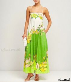 Olivia Mark - Elegant Floral High-Waisted Skirt Green Floral Dress For Garden Party, Green Flower Dress For Garden Party, Flower-shaped Green Dress For Garden Party, Green Tropical Dress For Spring, Green Tropical Cotton Dress, High Waisted Floral Skirt, Elegant Skirt, Hem Skirt, Green Flower