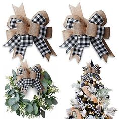 three christmas wreaths with burlocks and bows hanging from the front of them