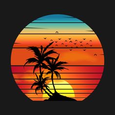 a sunset with palm trees in the foreground and birds flying over it, on a black background