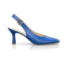 a woman's blue high heeled shoe on a white background