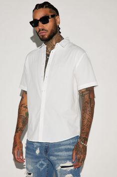 Ryland Short Sleeve Button Up Shirt - White Cream Shirt Dress, White Outfit For Men, Button Down Outfit, Cuban Shirts, Off White Fashion, White Collared Shirt, White Shirt Men, White Button Down Shirt, Mens Button Up