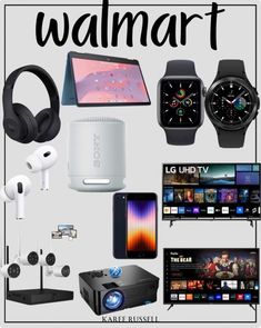 an advertisement with various electronics and gadgets for the walmart store, including headphones, cell phone, mp3 player, ipod