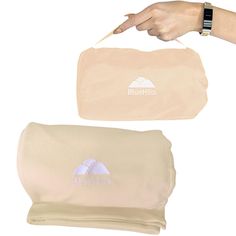 the bluehills travel pillow and bag are shown in two different positions, one is folded