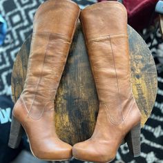 Steve Madden Rocket Taupe Genuine Leather Boots Size 6. Still In Great Shape. Very Comfortable Soft Leather Heel Measures 3.5 Inches. Few Signs Of Damage. Has Distressed Look. Fall Round Toe Heels With Leather Lining, Casual Leather Heeled Boots With Padded Heel, Fall Heels With Leather Lining And Round Toe, Casual Leather High Heeled Boots, Wide Calf Leather Heels With Closed Toe, Leather Heeled Boots With Stacked Heel And Round Toe, Leather Knee-high Heels With Stacked Heel, Knee-high Leather Heels With Stacked Heel, Wide Calf Leather Block Heels