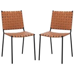 a pair of brown woven chairs with black legs