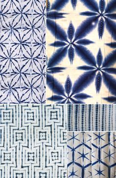 four different patterns are shown in blue and white colors, each with an intricate design