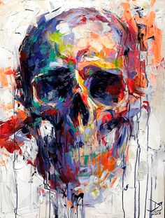 an abstract painting of a skull with paint splatters on it's face