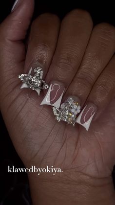 Silver Duck Nails Acrylic, Acrylic Nail Designs Diamonds, Rhinestone Design Nails, White Short Duck Nails, Eyelash Mapping Clusters, Junk Nails Bling Duck Short, Sliver Nails Black Women, White Rhinestone Acrylic Nails, Nails Duck Shape