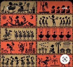 an image of african art on paper with people and animals in different positions, including the man