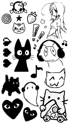 some black and white cartoon characters with different expressions on them, including an image of a cat