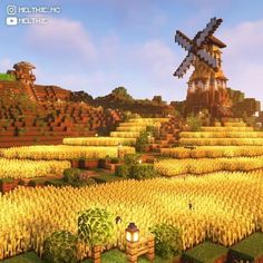 Minecraft Wheat Field Aesthetic, Wheat Fields Minecraft, Minecraft Farm On Hill, Wheat Farm Minecraft Ideas, Farm Land Minecraft, Farm Field Minecraft, Farm Inspo Minecraft, Wheat Farm Minecraft Aesthetic, Minecraft Farm Field Ideas