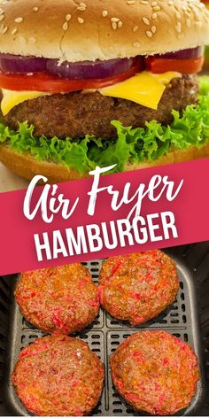 an air fryer with hamburgers in it and the words air fryer hamburger