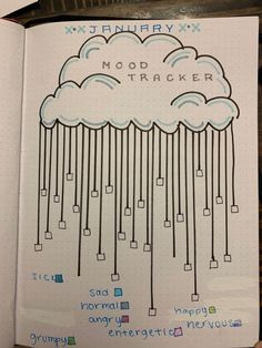 a notebook with an image of a rain cloud on it and the words mood tracker written in blue